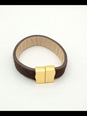 Rustic Cuff Brown Hair-on-Hide Leather Magnetic Bracelet Gold Hammered Clasp